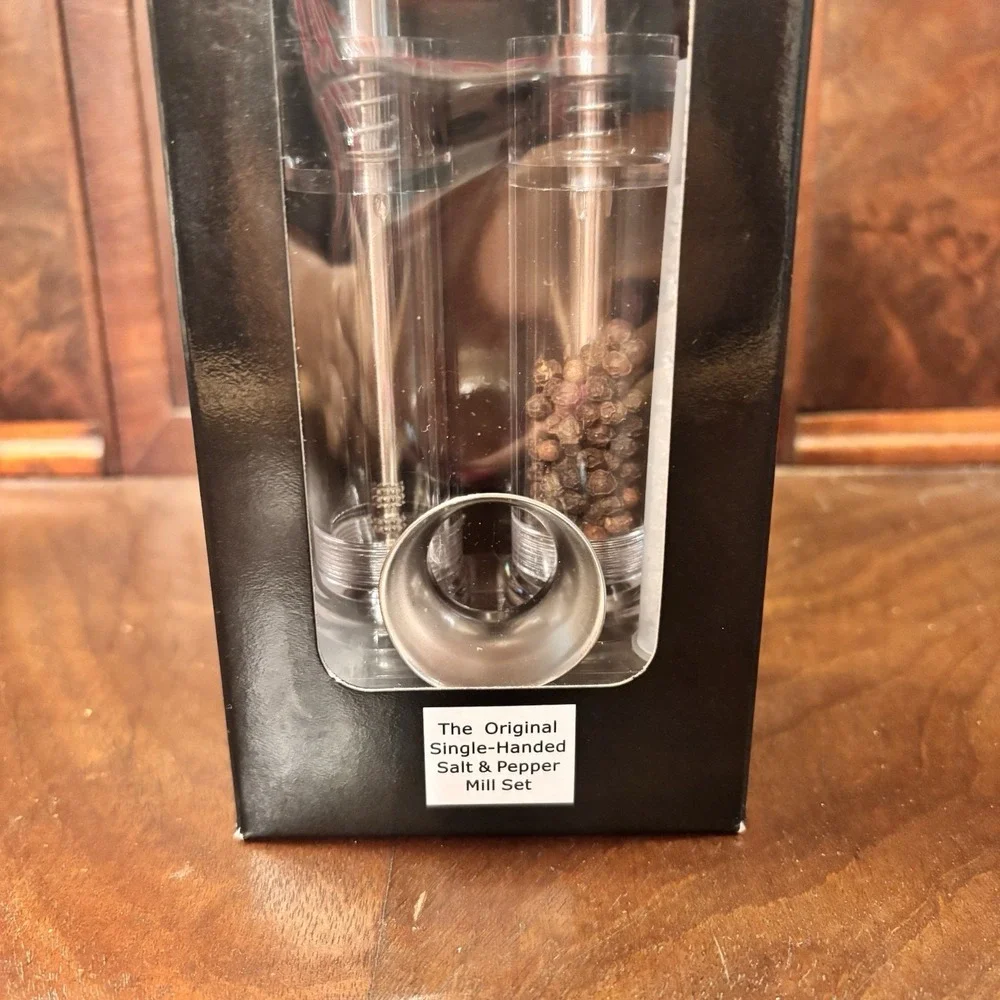 GRIND Single-Handed Salt & Pepper Mill Set‎ Stainless Steel Acrylic Grinder NIB